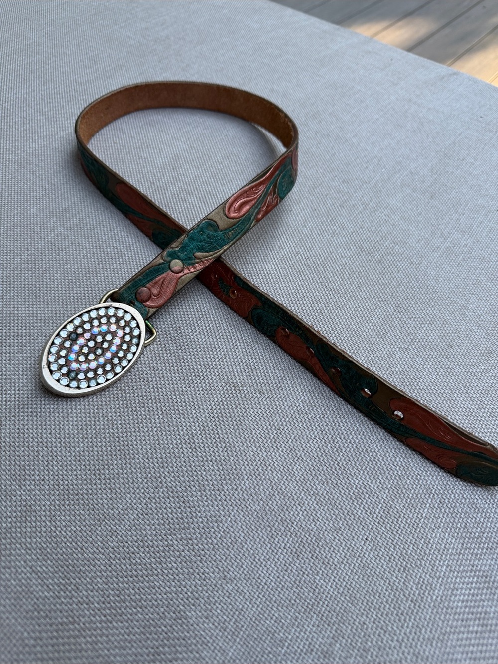 BTS Vintage 1978 BTS Solid Brass Rhinestone Oval Buckle Leather Belt Tooled